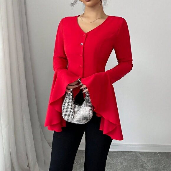 Red Casual Women's V-Neck Exaggerated Flared Sleeve Blouse - Picture 6 of 6